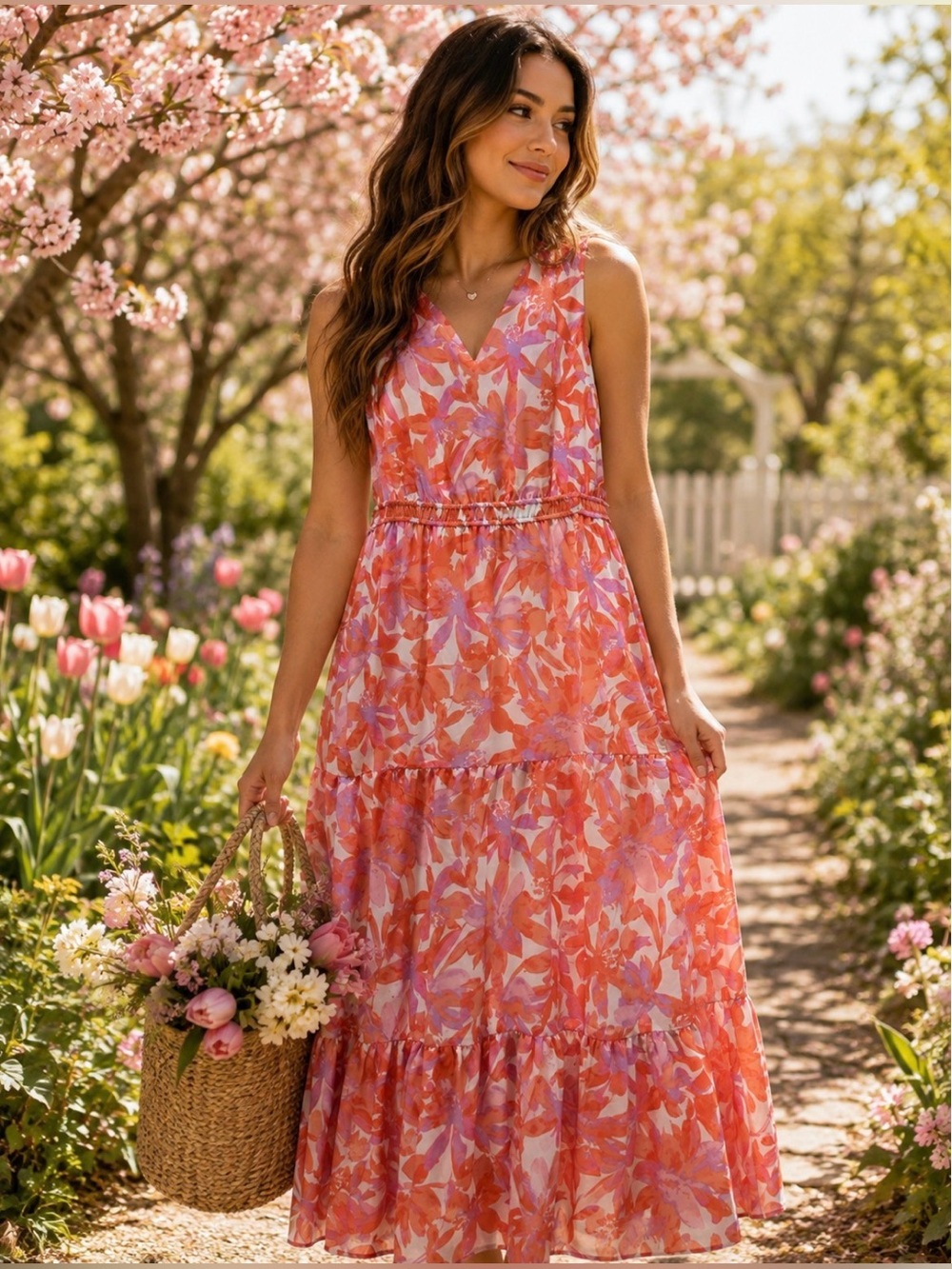 London Times Sleeveless V-Neck Floral Maxi Dress in Orange, Pink, and White